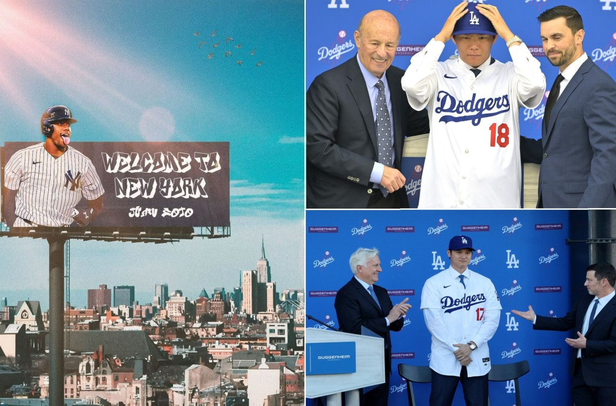 A billboard drawing on Juan Soto joining the Yankees and the Dodgers presenting big signing Yoshinobu Yamamoto and Shohei Ohtani.