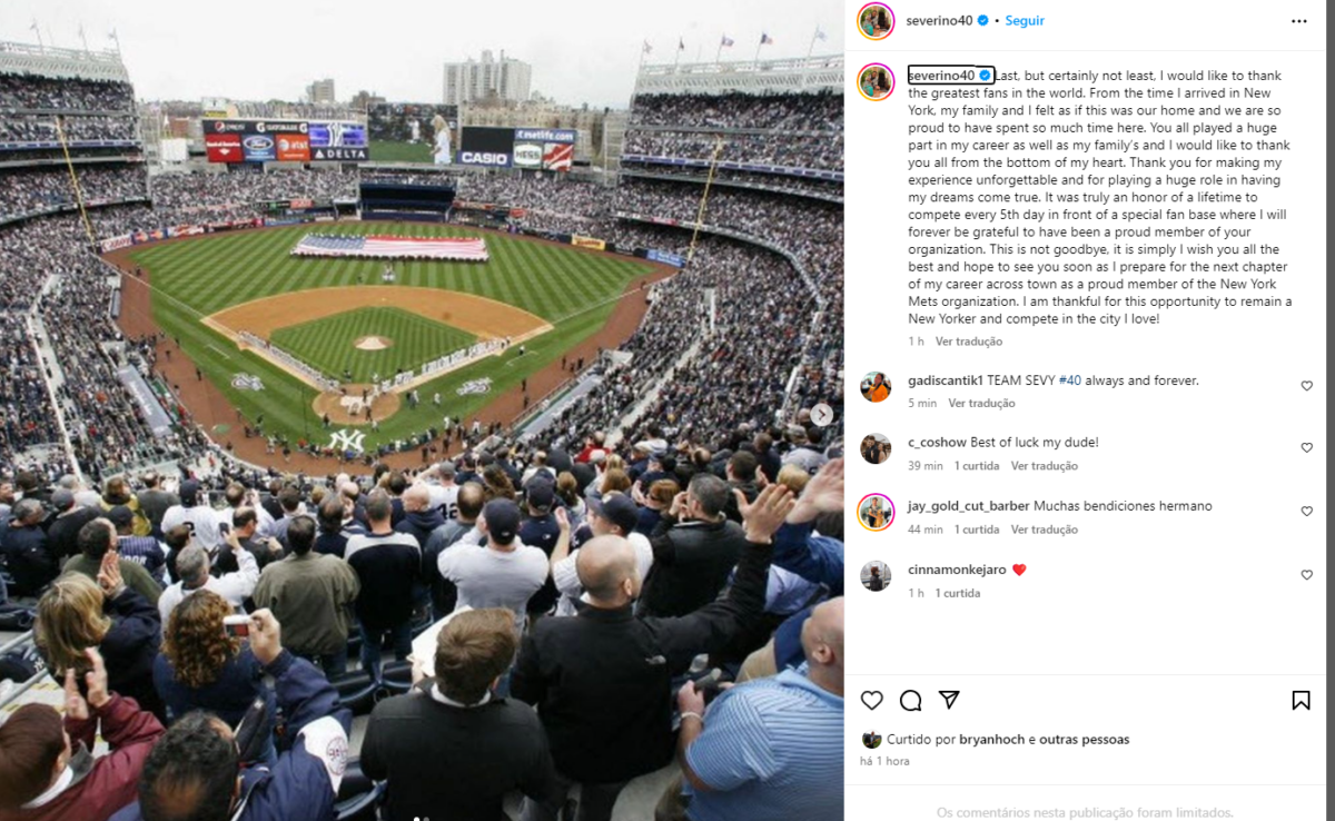 Post on instagram from the ex-Yankees pitcher Luis Severino