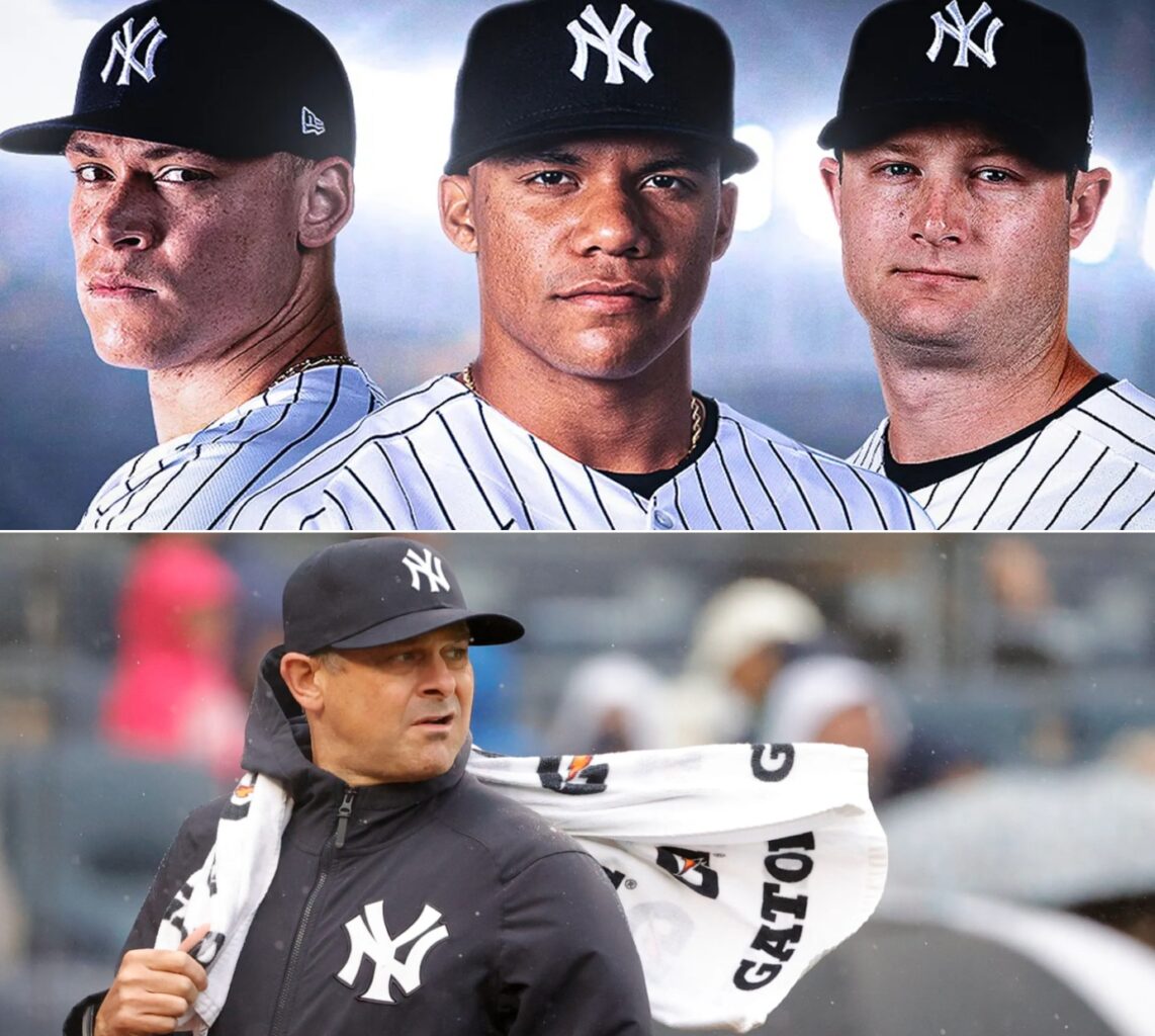 Aaron Judge, Juan Soto, Gerrit Cole and manager Aaron Boone of the New York Yankees