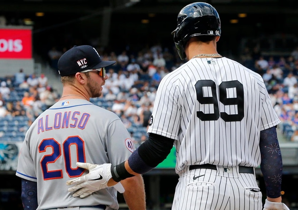 Yankees' Aaron Judge is with Pete Alonso during the first game of a doubleheader at Yankee Stadium on July 4, 2021.