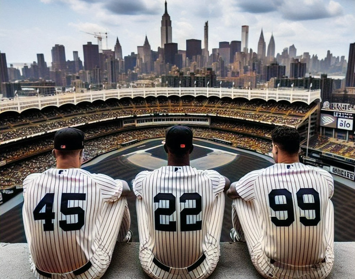 A graphic rendering of Cole, Judge, and Soto looking down at Yankee Stadium.
