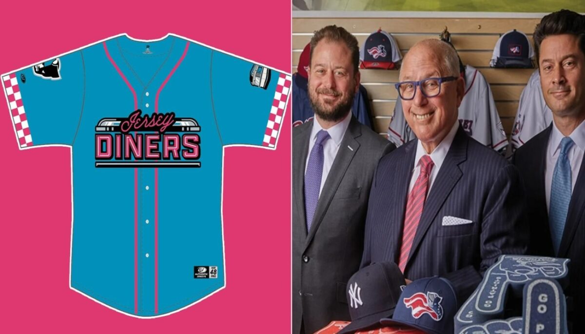 Somerset Patriots' new Jersey Diners and owners Jonathan, left, and Joshua Kalafer flank their dad, Steve, in the team store at TD Bank Ballpark.