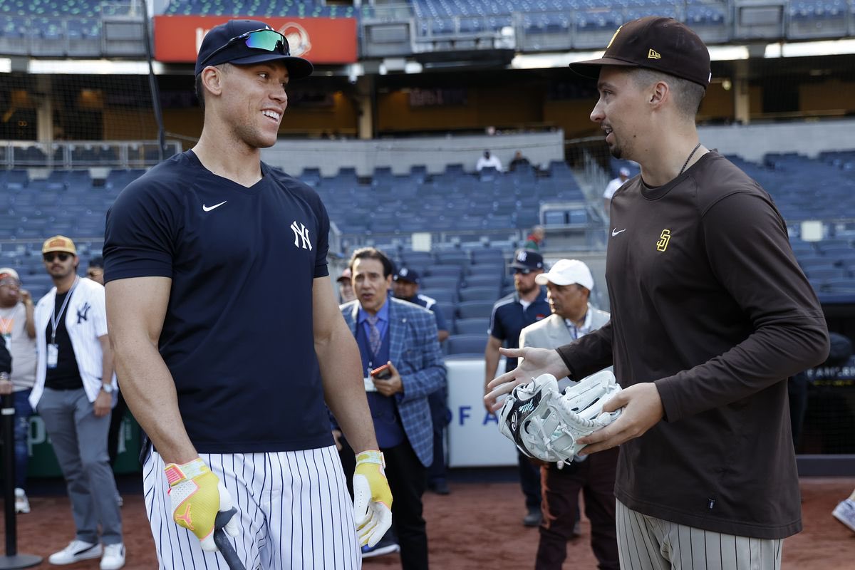 Yankees captain Aaron Judge with San Diego pitcher Blake-Snell in May 2023.