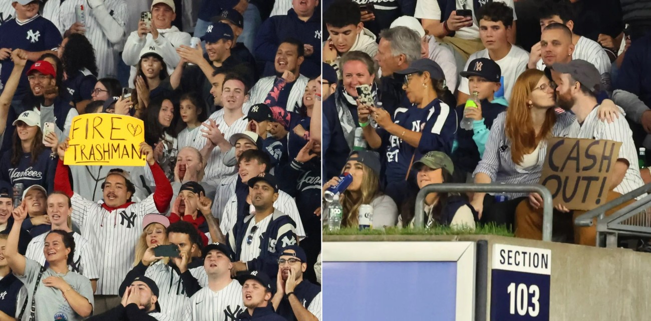 Fans hold signs asking for Brian Cashman to be fired as the Yankees beat the Diamondbacks 7-1 at Yankee Stadium on Sept 22, 2023.