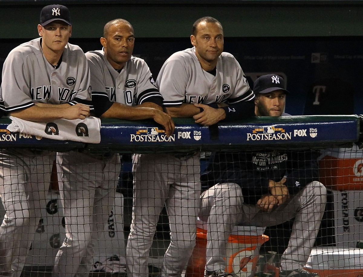 A.J. Burnett, Mariano Rivera, Derek Jeter, and Andy Pettitte of the New York Yankees in 2011.