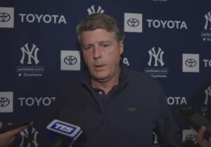 Yankees' managing partner Hal Steinbrenner is speaking to reporters on Feb 22, 2024 in Tampa.