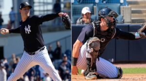 Yankees ace Gerrit Cole and rookie catcher Austin Wells in the 2024 spring training.