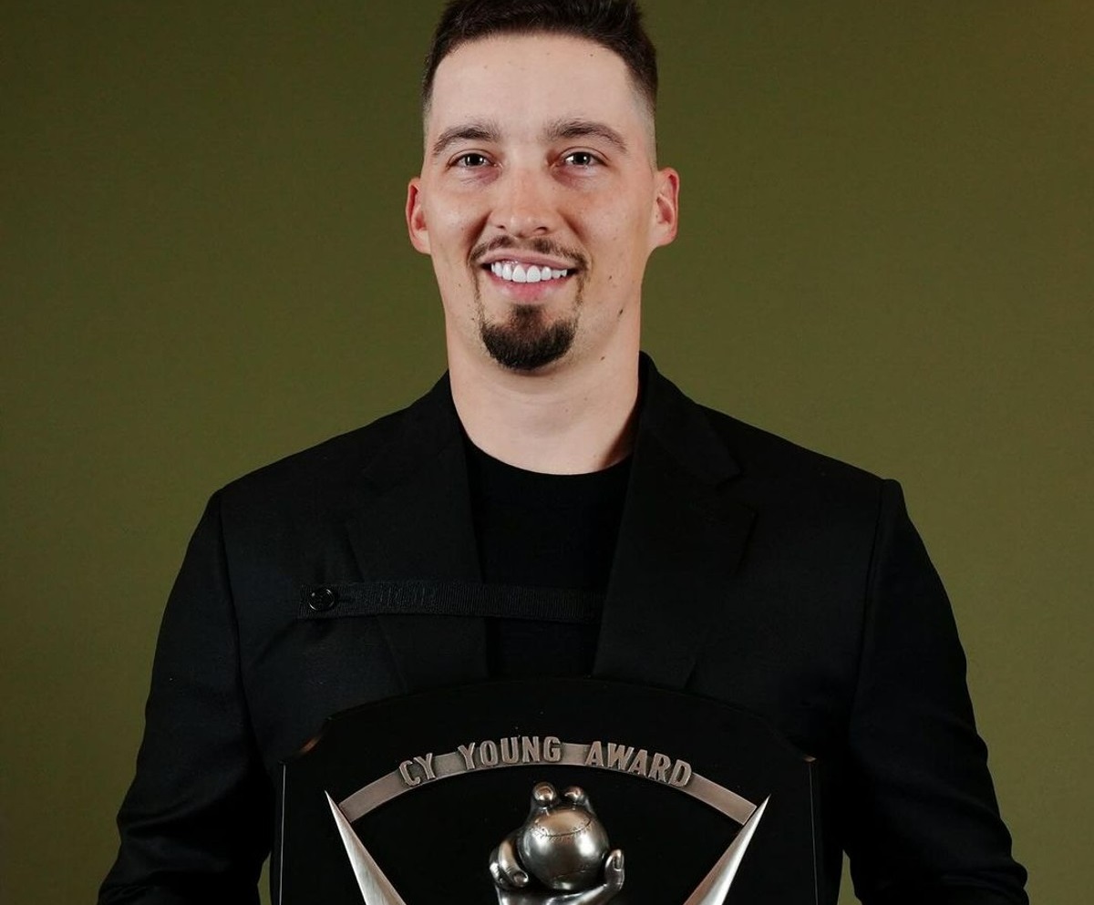 Pitcher Blake Snell with his 2023 NL Cy Young Award.