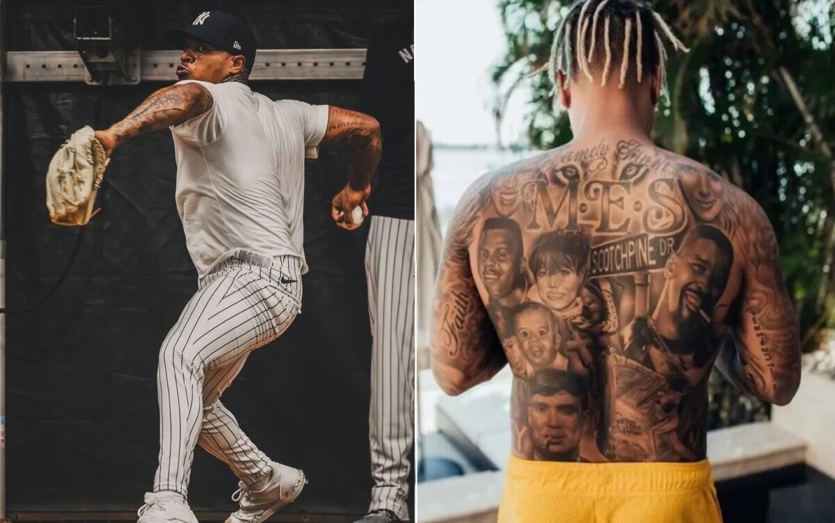 El lanzador de los Yankees Marcus Stroman en las instalaciones de entrenamiento de Tampa y con sus tatuajes.