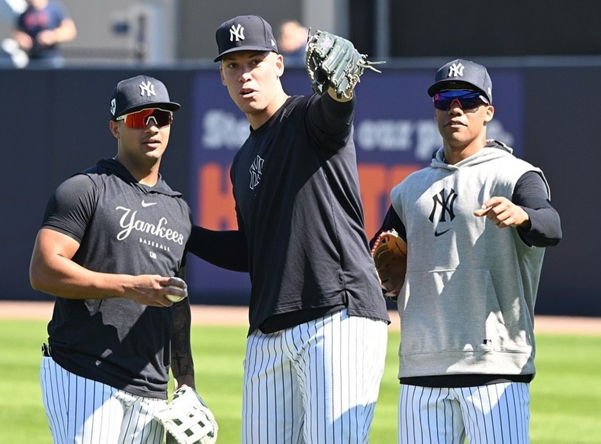 Yankees captain Aaron Judge is with Everson Pereira and Juan Soto at Tampa spring training camp on February 22, 2024.