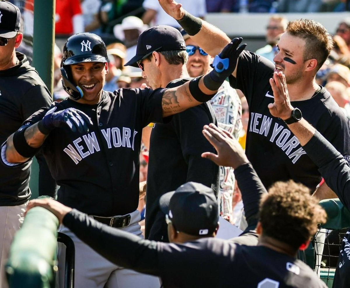 Jorbit Vivas celebrates after hitting a homer during Yankees 22-10 win over the Tigers at Tampa spring training facility.