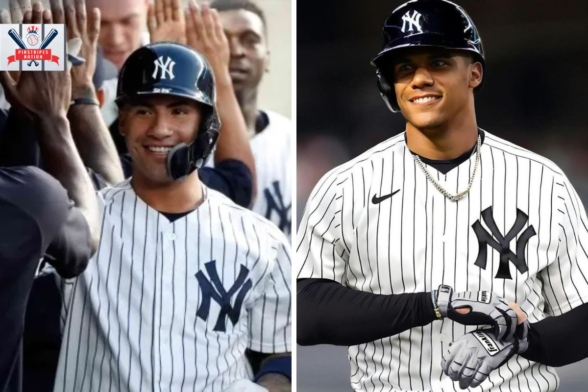 Gleyber Torres and Juan Soto donning the Yankees' shirt