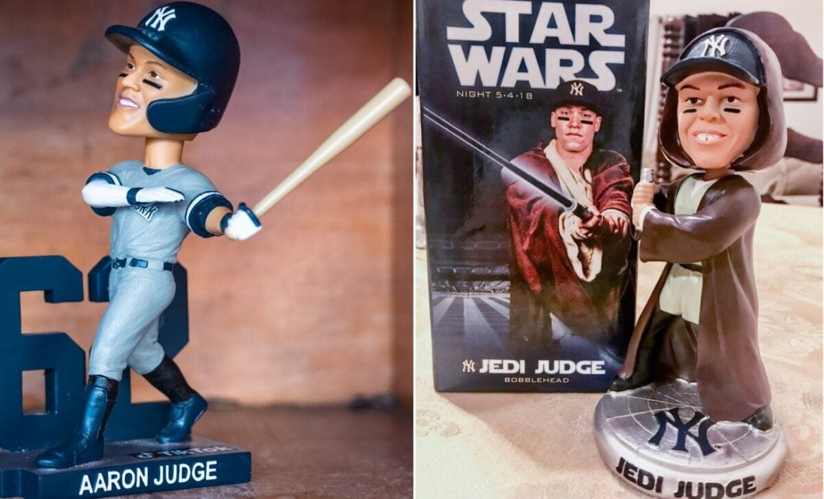 Aaron Judge bubblehead s given away by the Yankees in 2022 and 2018.