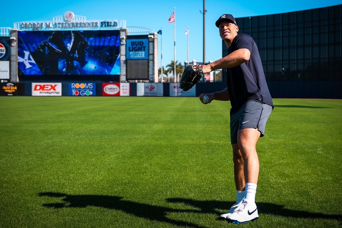 Aaron Judge is at Yankees Tampa training facility on February 19, 2024.