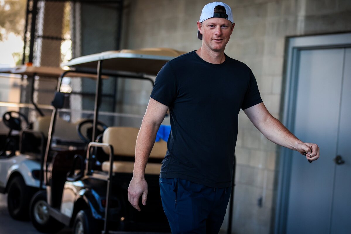 DJ LeMahieu arrives at Yankees spring training camp in Tampa on February 18, 2024.