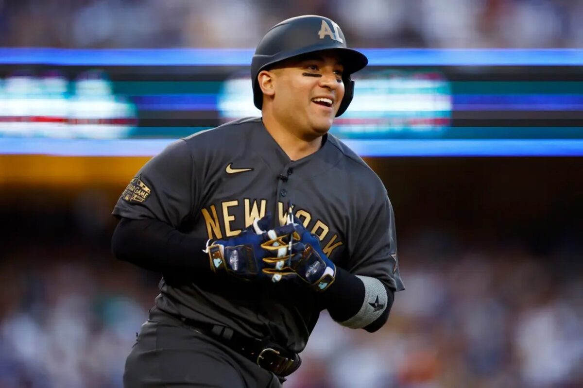 Jose Trevino smiles while running to first base during the MLB All-Star Game. 3 Jose Trevino smiles while running to first base during the MLB All-Star Game.