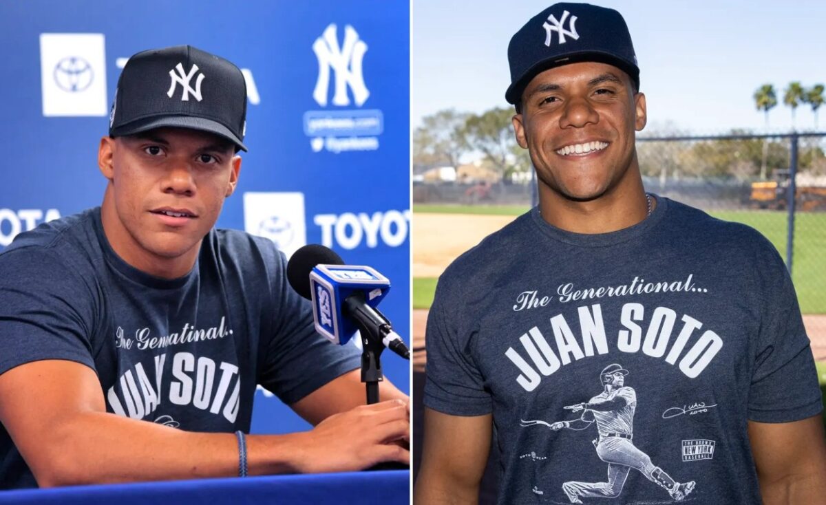 Juan Soto at his first press conference after joining the Yankees on February 19, 2024.