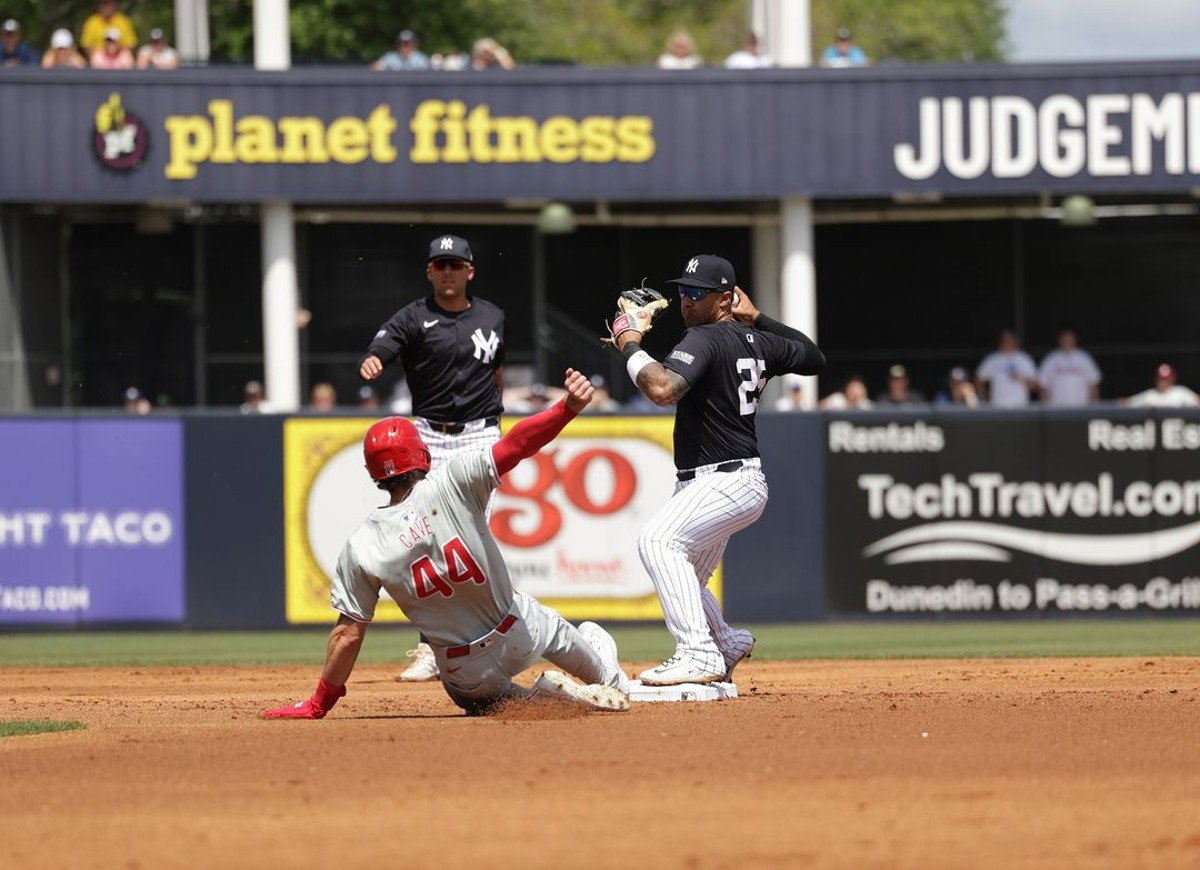 The Yankees are in action during a 2024 spring training game at George M. Steinbrenner Field, Tampa.
