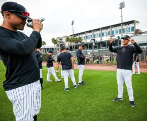 Giancarlo Stanton and Anthony Rizzo share a lighter moment at Yankees 2024 spring training.