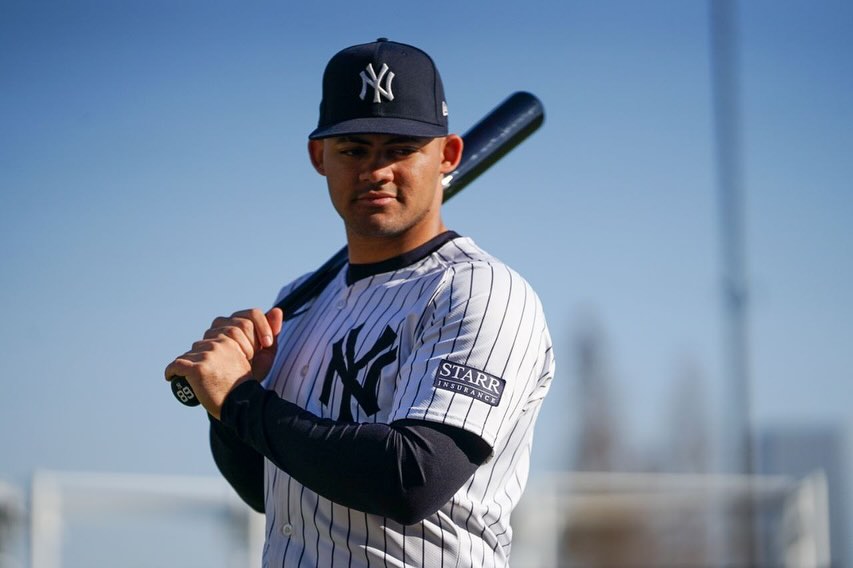 Tampa - Yankees' Jasson Dominguez in pinstripes on 2024 picture day.