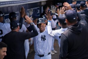 Yankees' Juan Soto after smashing a home run at Yankees spring training 2024