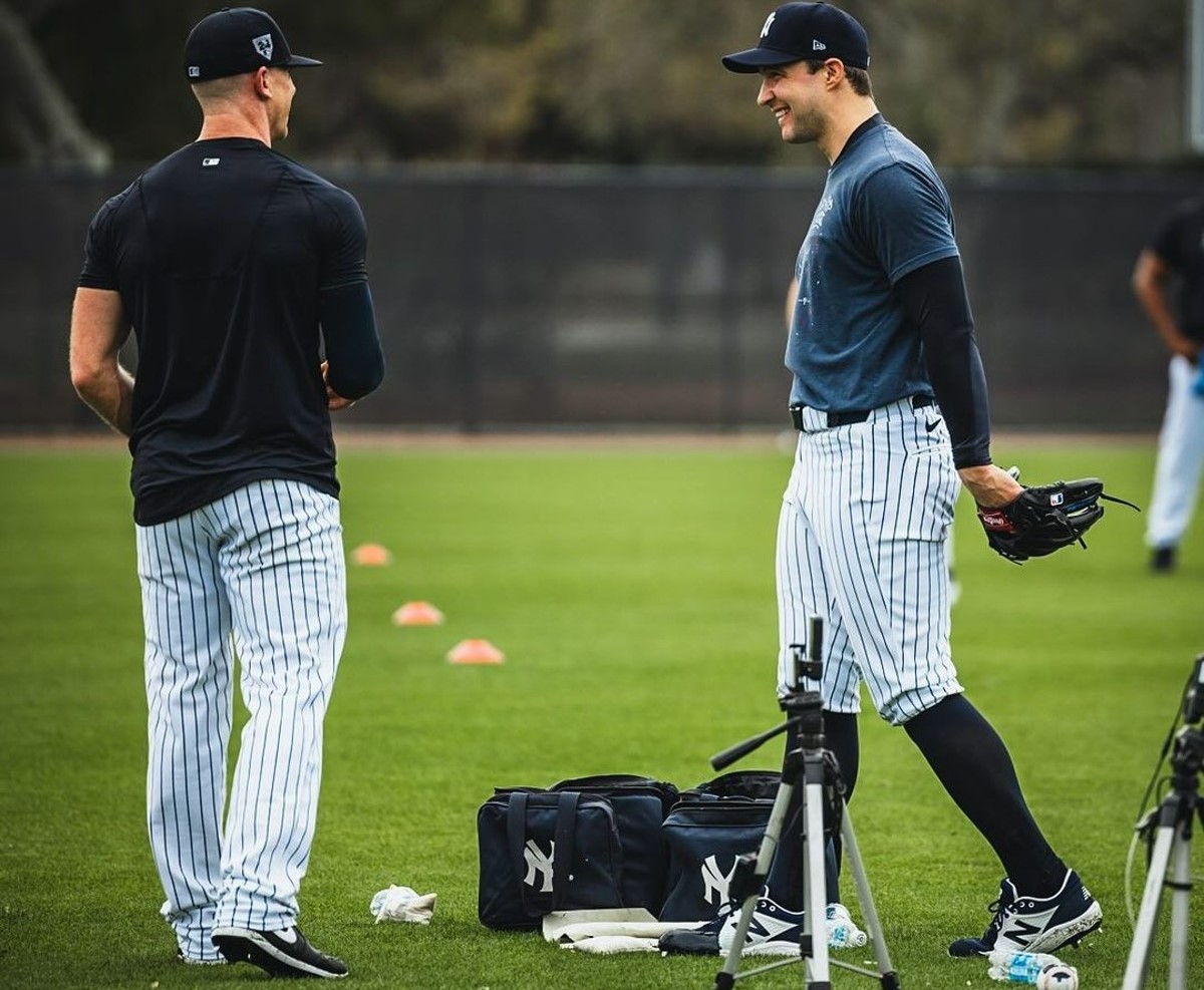 The Yankees bullpen members at the 2024 spring training camp in Tampa.