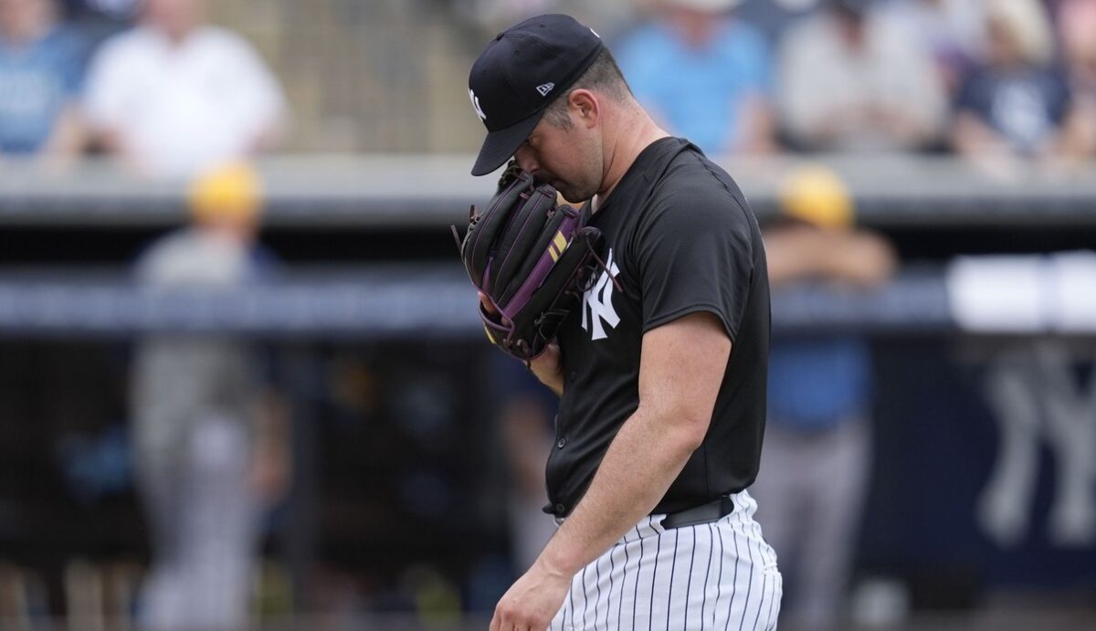 Yankees pitcher Carlos Rodon is dejected after giving a home run against the Rays on March 7, 2024.