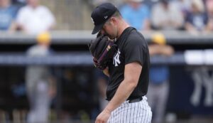 Yankees pitcher Carlos Rodon in action against the Rays on March 7, 2024.