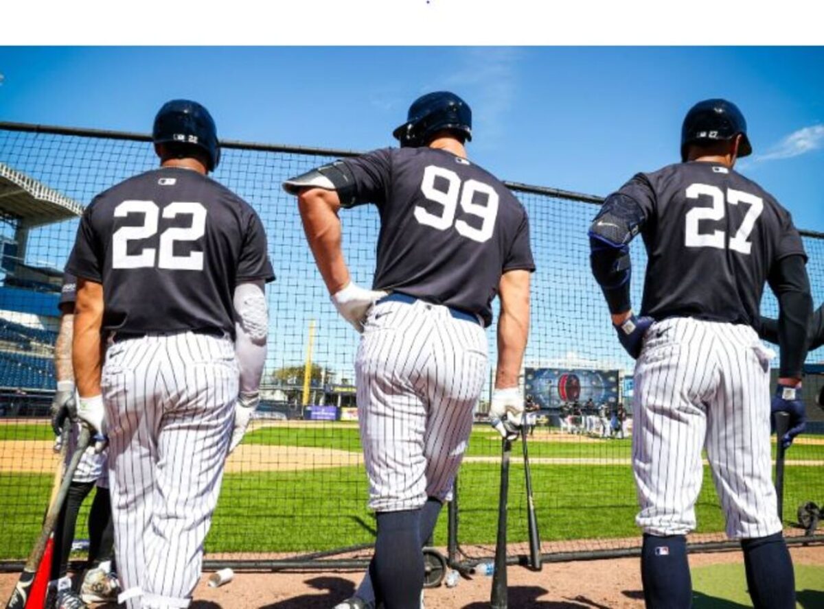 Yankees stars Juan Soto, Aaron Judge, and Giancarlo Stanton at the 2024 spring training camp in Tampa.