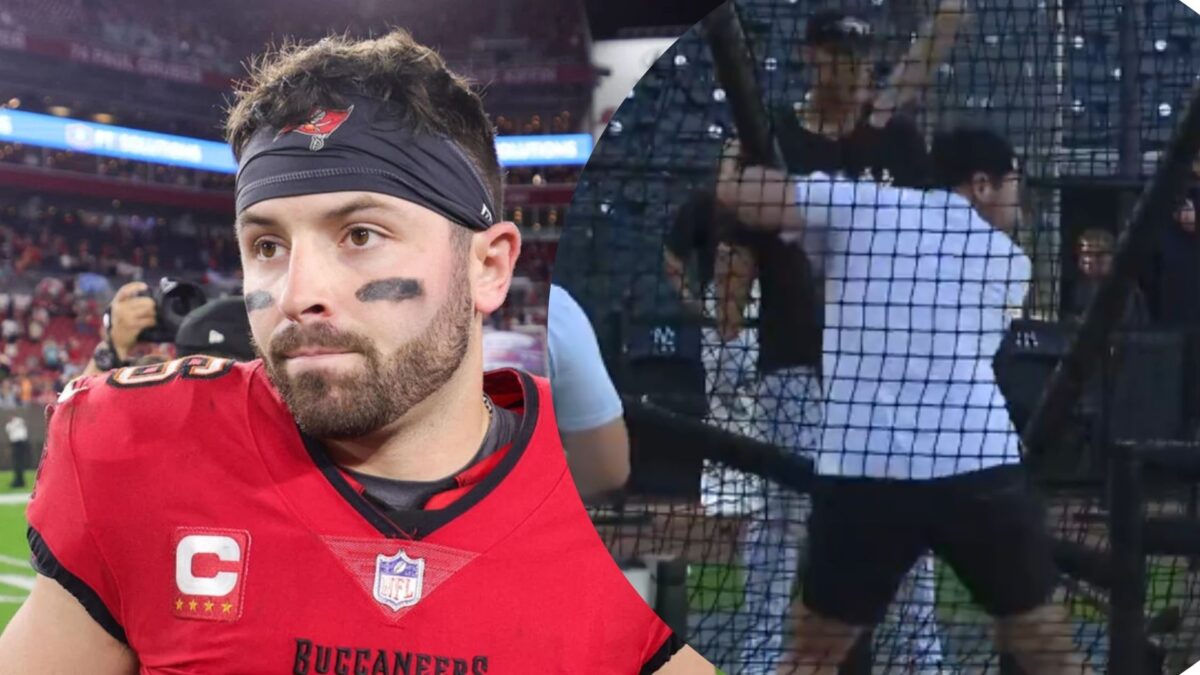 Baker Mayfield, making a batting practise with Yankees