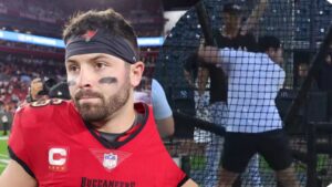 Baker Mayfield, making a batting practise with Yankees