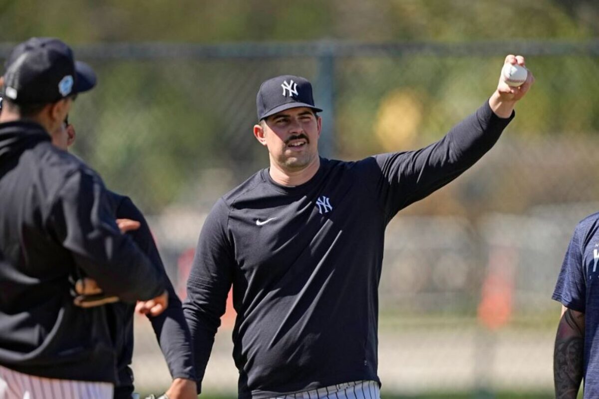Carlos Rodon is pitching during spring training 2024 at Yankees spring training facility in Tampa.