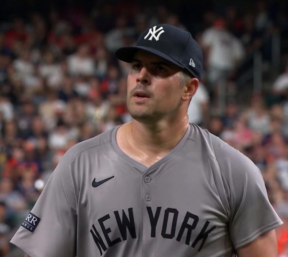 Yankees pitcher Carlos Rodon returns to dugout after throwing five innings to the Astros in Houston on March 29, 2024.