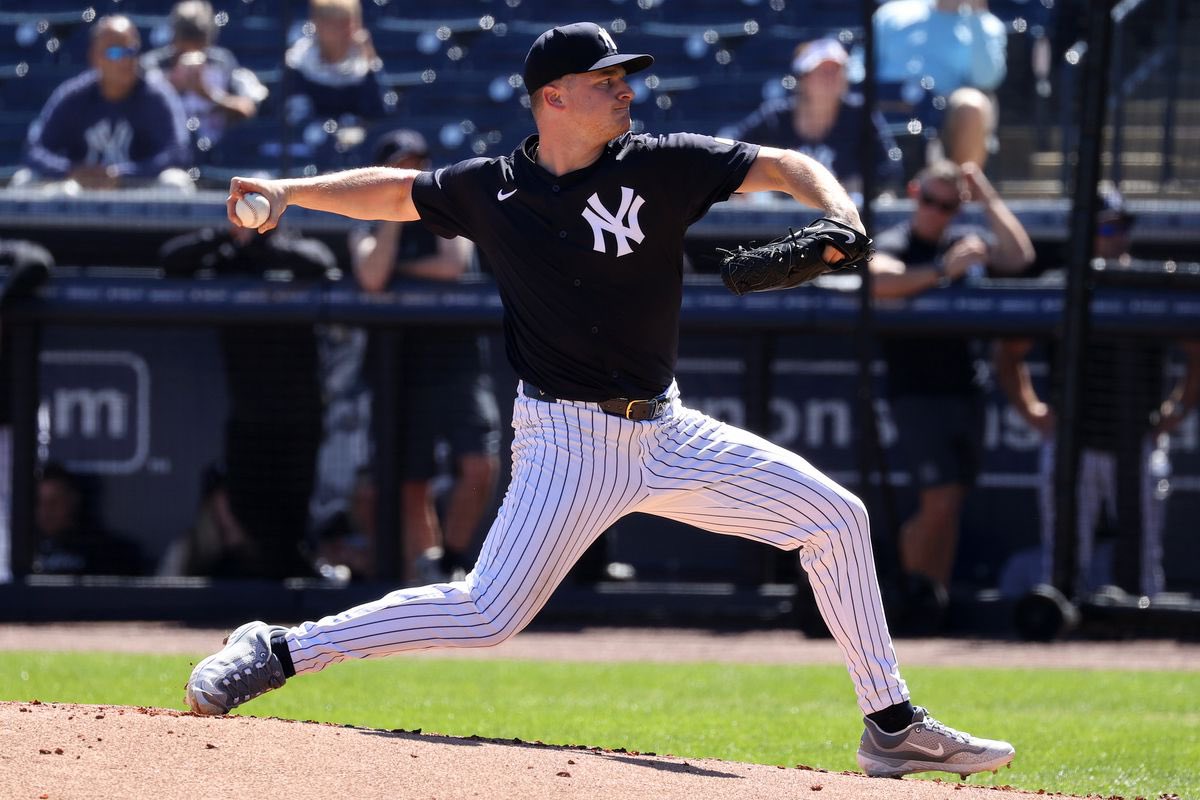 Clarke Schmidt is in action in the Yankees vs. Mets spring game in Tampa on March 25, 2024. 