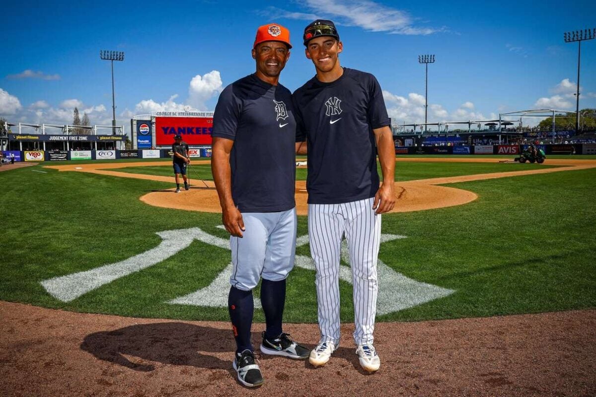 Yankees promising young infield prospect George Lombard Jr. is with his father George Lombard on March 3, 2024.