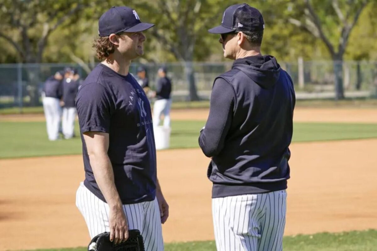 Yankees ace Gerrit Cole with manager Aaron Boone at Tampa in March 2024.