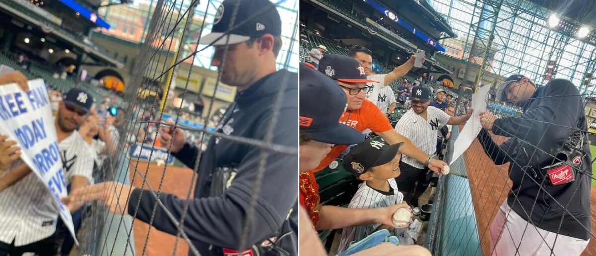 Yankees ace Gerrit Cole is signing autographs for fans at Minute Maid Park, Houston, on March 28, 2024.