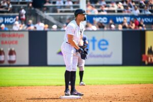 Yankees slugger Giancarlo Stanton reacts during a game against the Braves in Tampa on March 11, 2014.