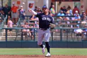 Yankees3Oswald Peraza throws during the Yankees’ spring training game against the Orioles on March 19, 2022.