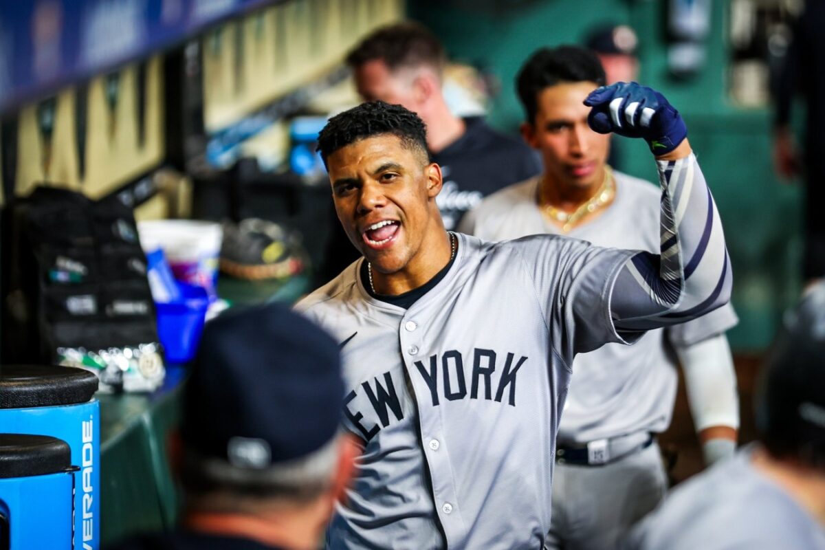Juan Soto, player of the new york yankees celebrating the 5-3 victory vs. Houston Astros, on Saturday night, march 30, 2024.