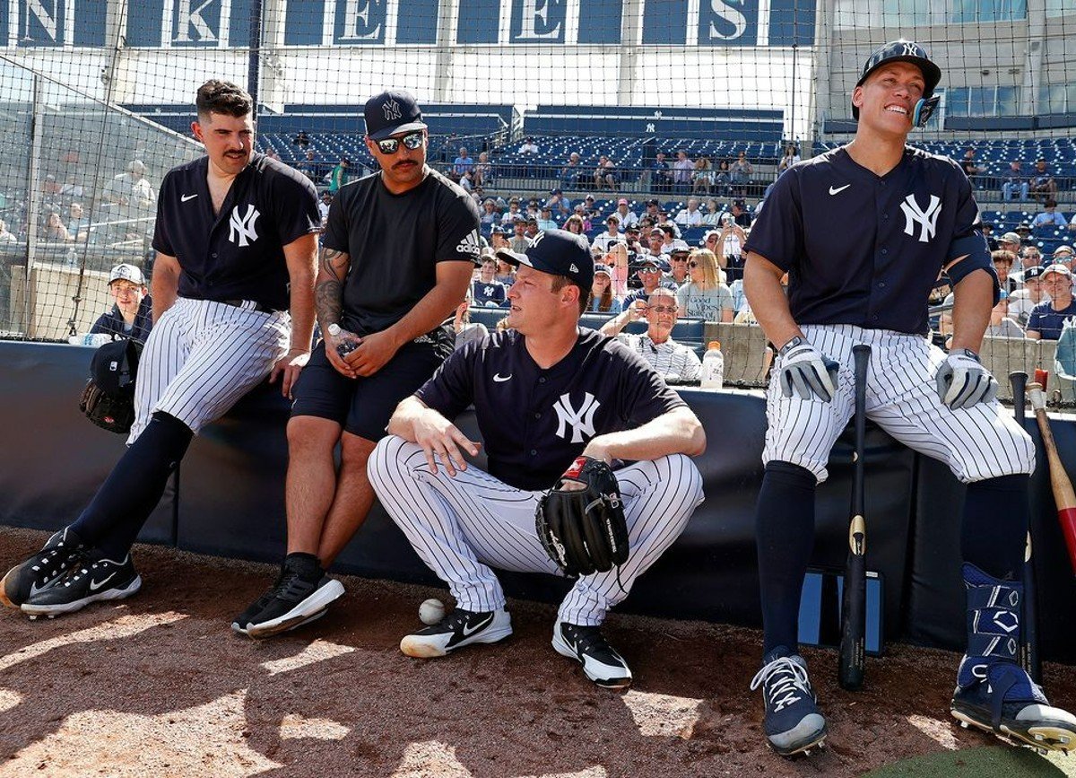 Yankees' rotation stars Carlos Rodon, Nestor Cortes, and Gerrit Cole are with Aaron Judge at George M. Steinbrenner Field, Tampa, Fl, during the 2024 spring training.