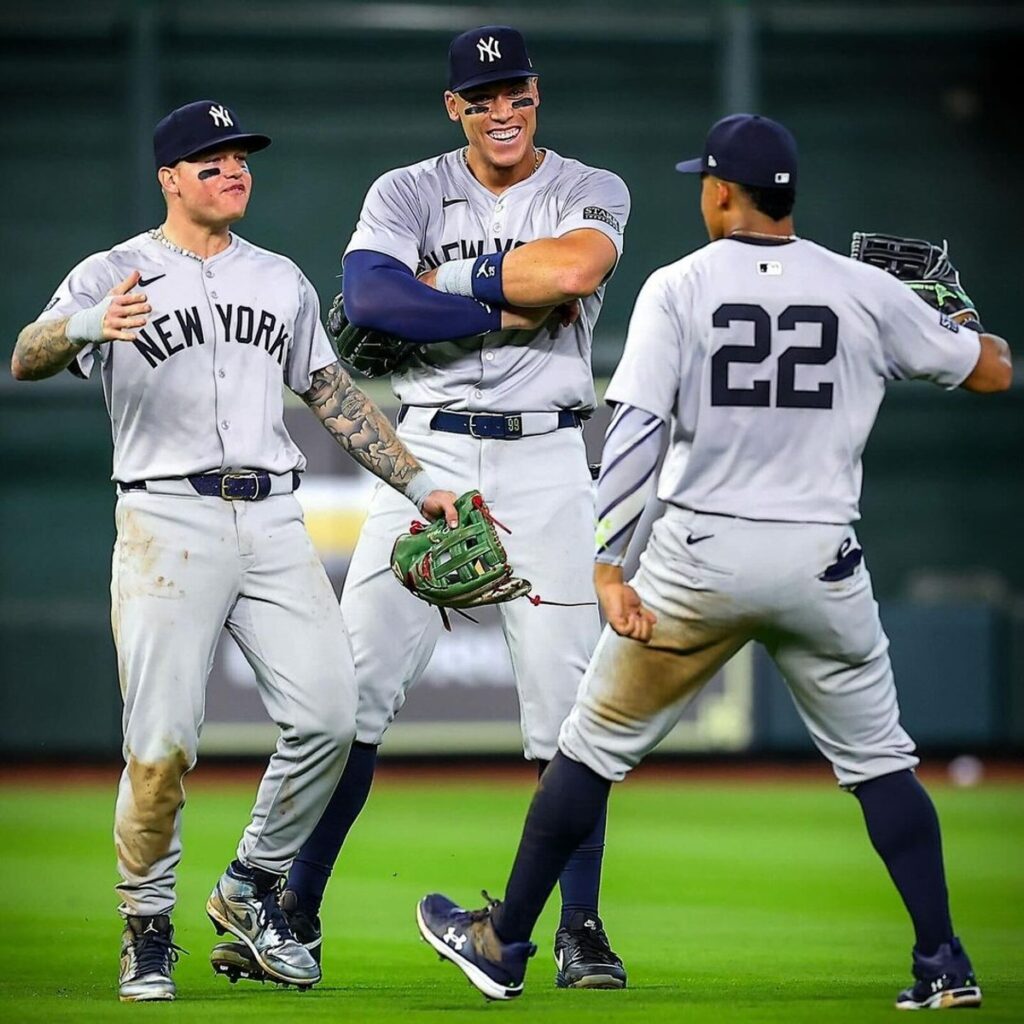 Aaron Judge, Juan Soto, and Alex Verdugo celebrate as the Yankees beat the Astros 5-4 in Houston on March 28, 2024.