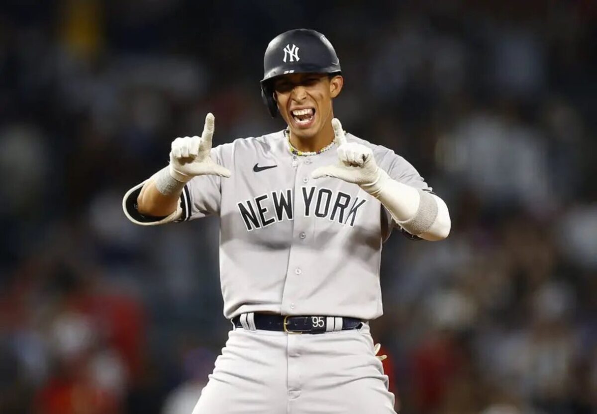 Oswaldo Cabrera celebrates after having his fourth hit in the Yankees vs. Astros game on March 29, 2024, at Houston.
