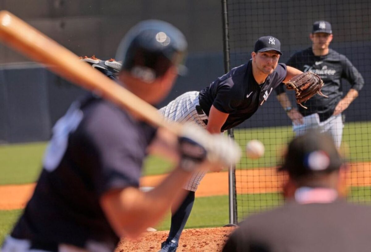 Yankees bullpen asset Tommy Kahnle is pitching during a spring training camp at Tampa on February 28, 2024.