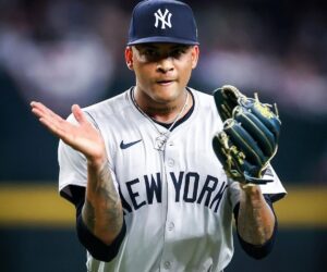 Yankees pitcher Luis Gill claps following his outing against Toronto on April 7, 2024, in New York.