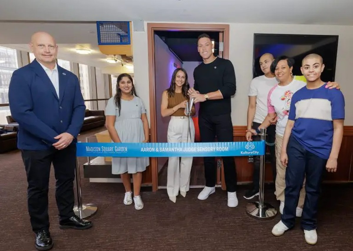 Aaron Judge, wife opens a nonprofit's sensory room project at Madison Square Garden funded by them on April 11, 2024.