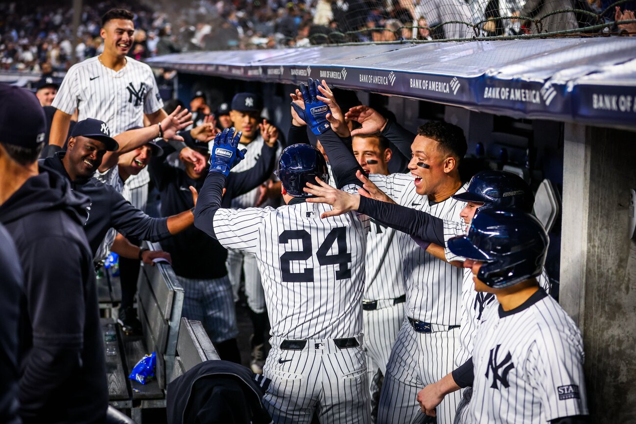 Alex Verdugo celebrates with teammates after hitting a home run during the Yankees 3-2 win vs. the Marlins at Yankee Stadium on April 9, 2024.