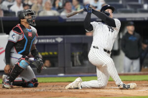 Alex Verdugo hits a home run during the Yankees 3-2 win vs. the Marlins at Yankee Stadium on April 9, 2024.