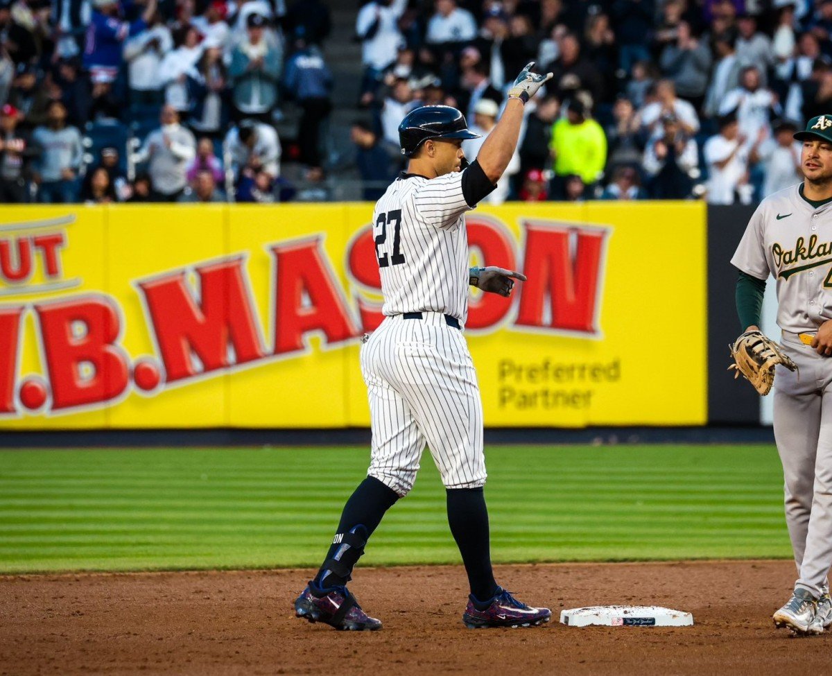 Giancarlo Stanton celebrates after hitting a double in the Yankees vs. A's game at Yankee Stadium on April 23, 2024.