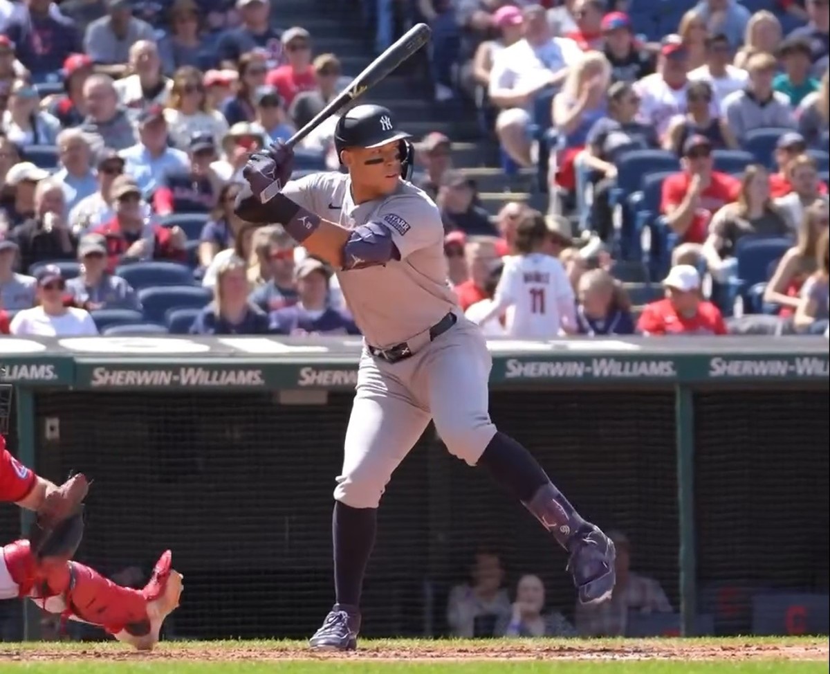 Yankees captain Aaron Judge hits a 450-feet home run against Cleveland in Progressive Field on April 14, 2024.